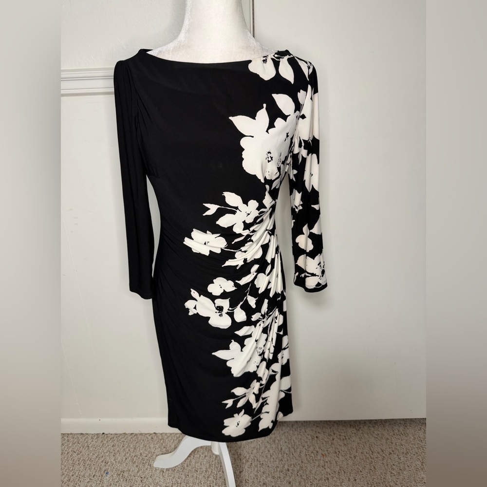 Ralph Lauren Black and White Floral Long Sleeve Dress size 6 - Picture 3 of 9